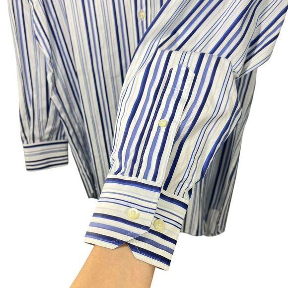 ETRO White Blue Stripe Collared Medium (Sz 39 IT) Long Sleeve Button Down Shirt - Picture 6 of 13